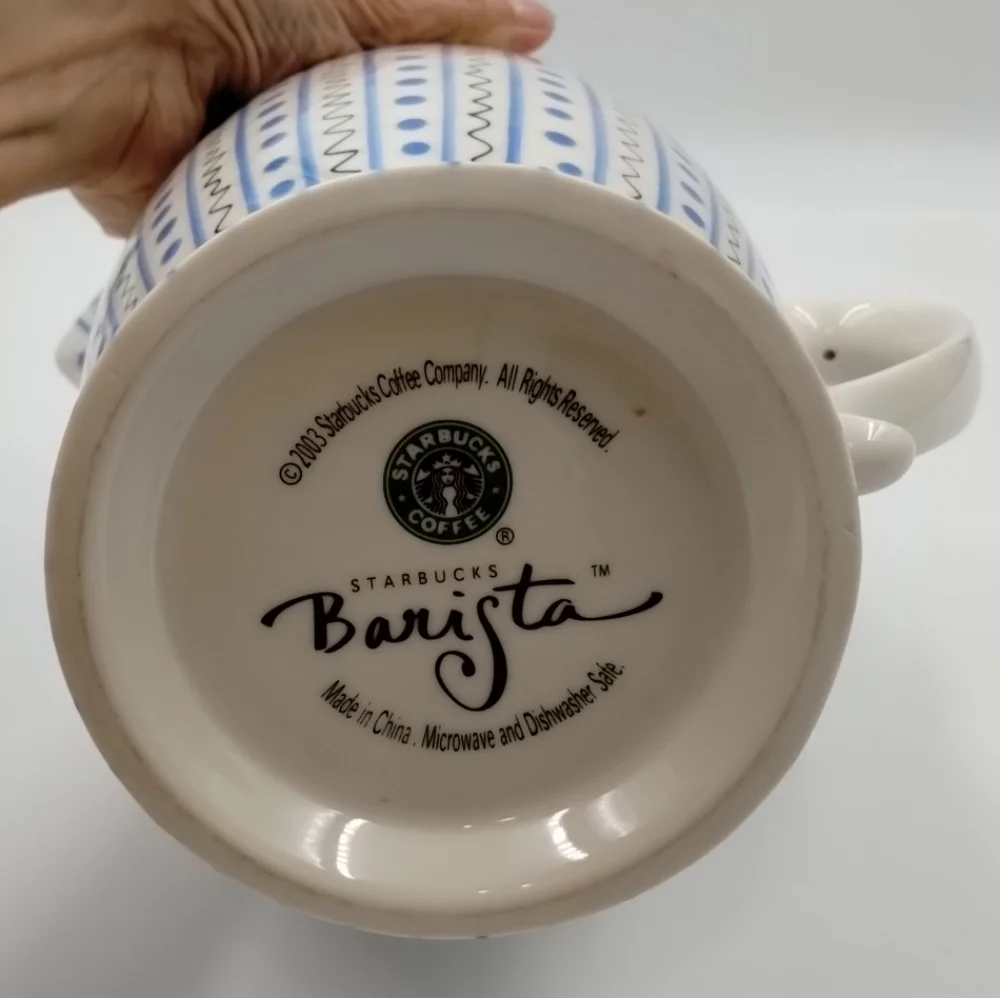 Starbucks Barista Pitcher 48 oz Ceramic White w Blue Dots Zig Zag 2003